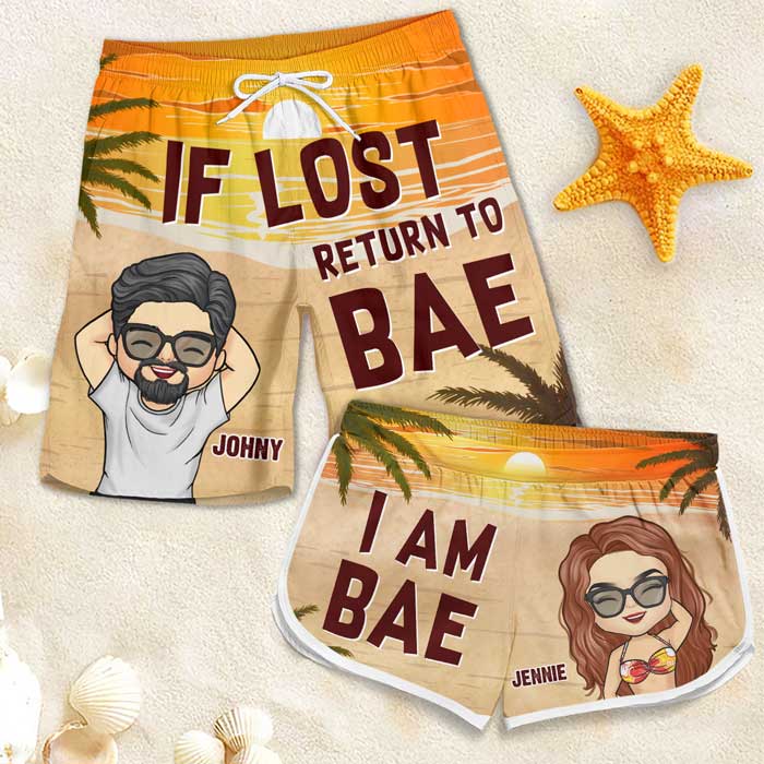 If Lost Return To Bae - Funny Personalized Custom Tropical Hawaiian Aloha Couple Beach Shorts - Summer Vacation Gift, Birthday Party Gift For Husband Wife