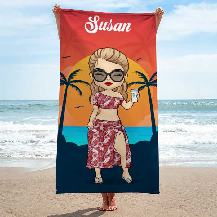 Tropical Summer Sunset - Personalized Beach Towel - Gift For Bestie