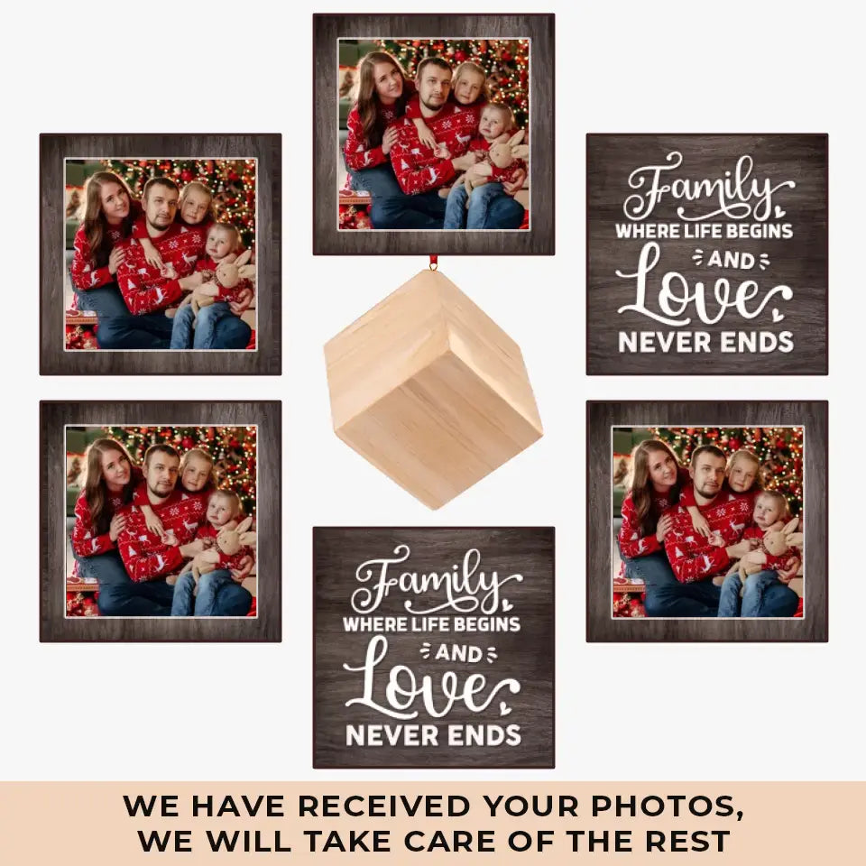 Custom Photo Family Where Life Begins & Love Never Ends - Family Personalized Custom Wooden Cube Ornament - Christmas Gift For Family Members