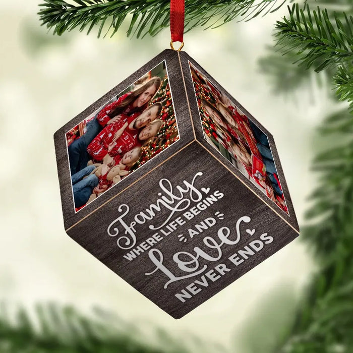 Custom Photo Family Where Life Begins & Love Never Ends - Family Personalized Custom Wooden Cube Ornament - Christmas Gift For Family Members