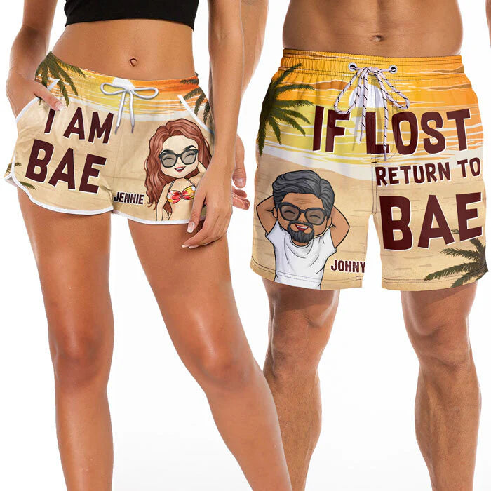 If Lost Return To Bae - Funny Personalized Custom Tropical Hawaiian Aloha Couple Beach Shorts - Summer Vacation Gift, Birthday Party Gift For Husband Wife