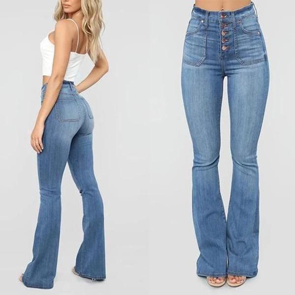 70s High Rise Stretchy Buttons Bell Bottom Jeans